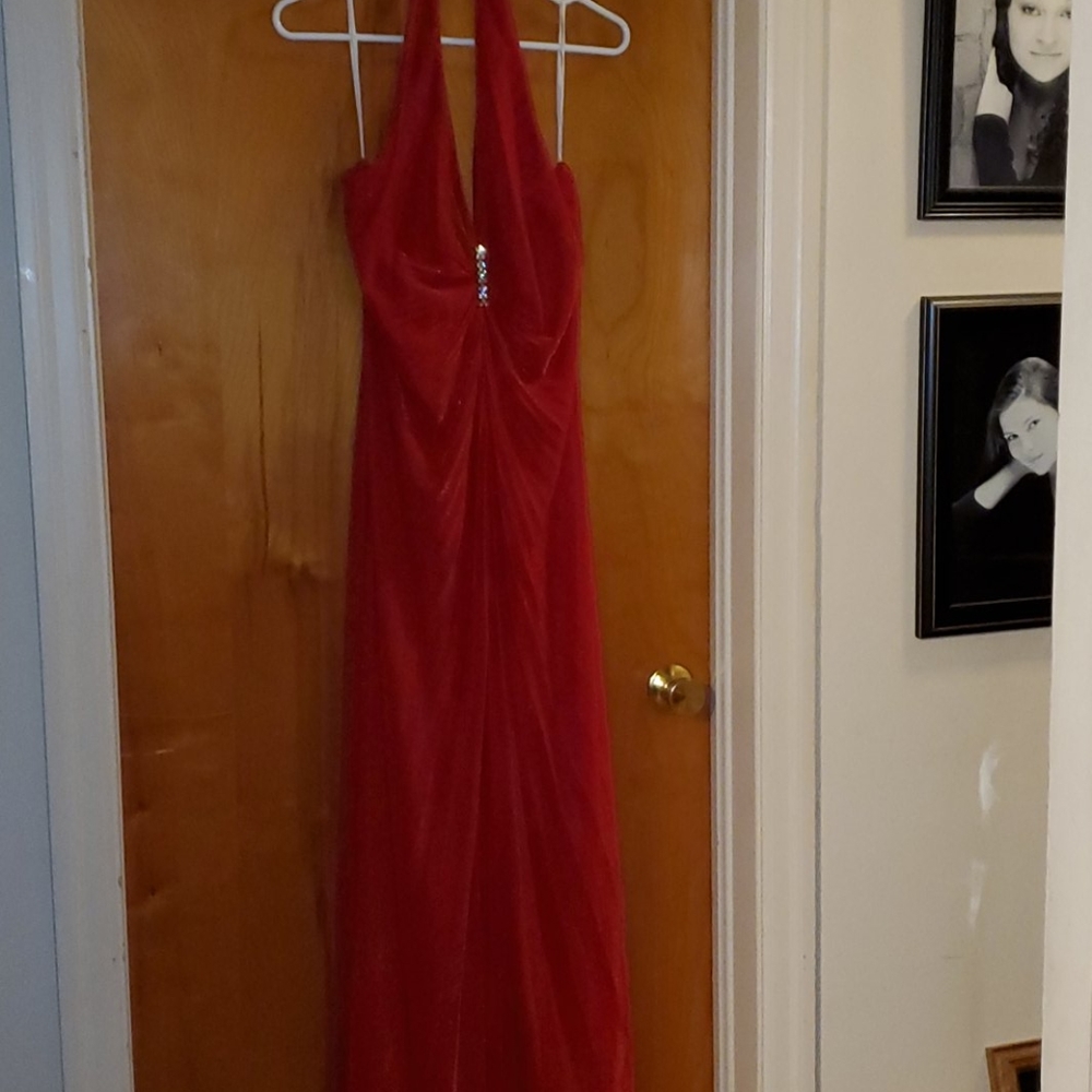Long Pleated Shiney Red Halter Gown